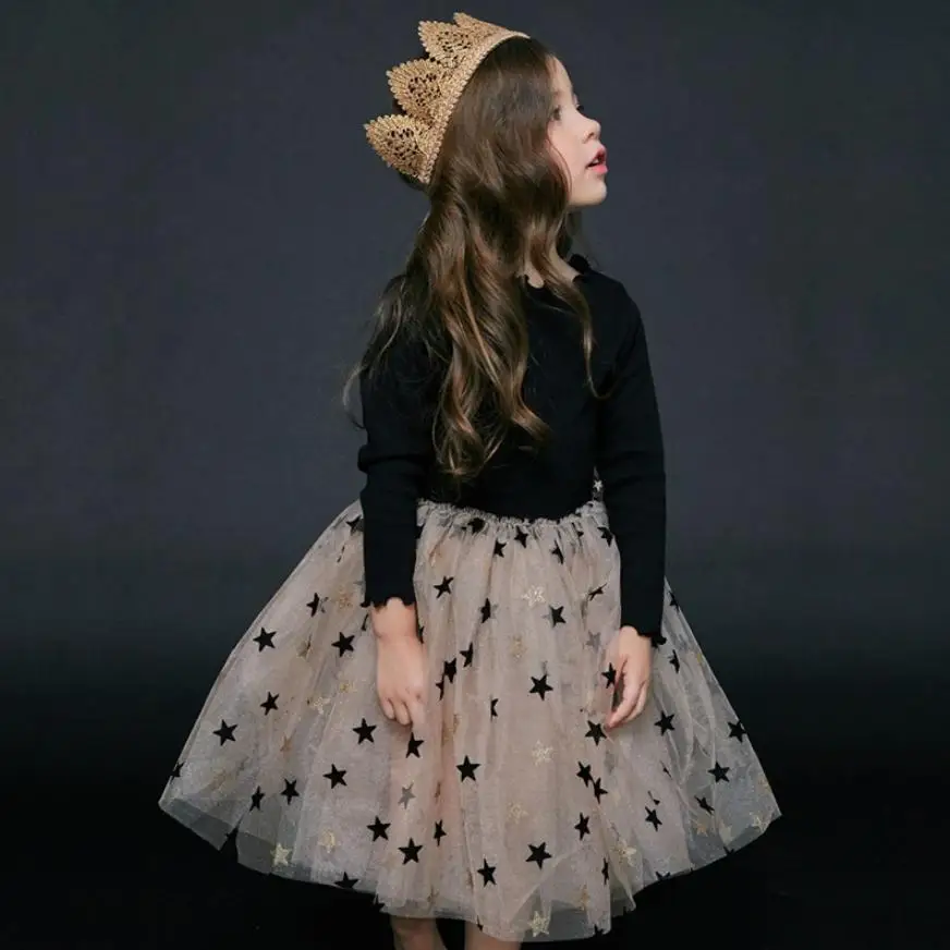 

2019 Spring New Girls Dress Baby Girls Clothes Mesh Patchwork Cotton Dress Female Long Sleeve Wooden ear Collar Kids Tops Y271