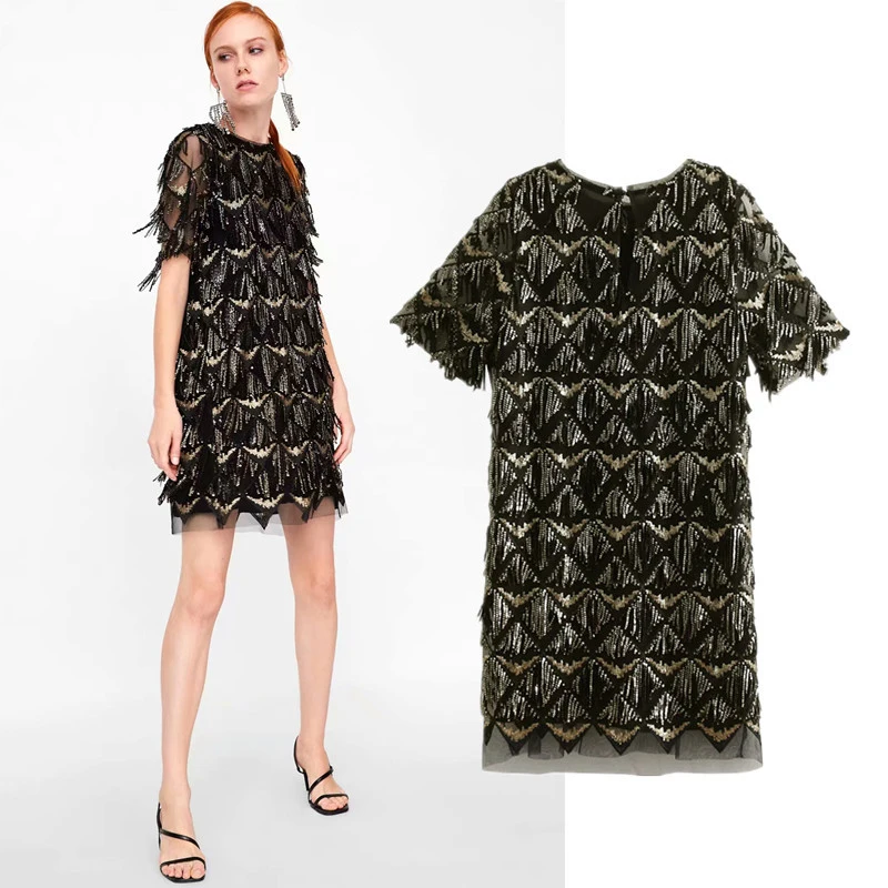 

Elegant Women Sequin Dress O-neck Short Sleeve Office Lady OL A-line Dress Spring Female Casual Rhombus Dress Korea Style