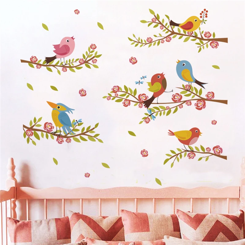 Забавные птицы на ветке цветок наклейки на стены детские комнаты домашний декор мультфильм Животные наклейки на стену ПВХ Фреска Искусство diy обои