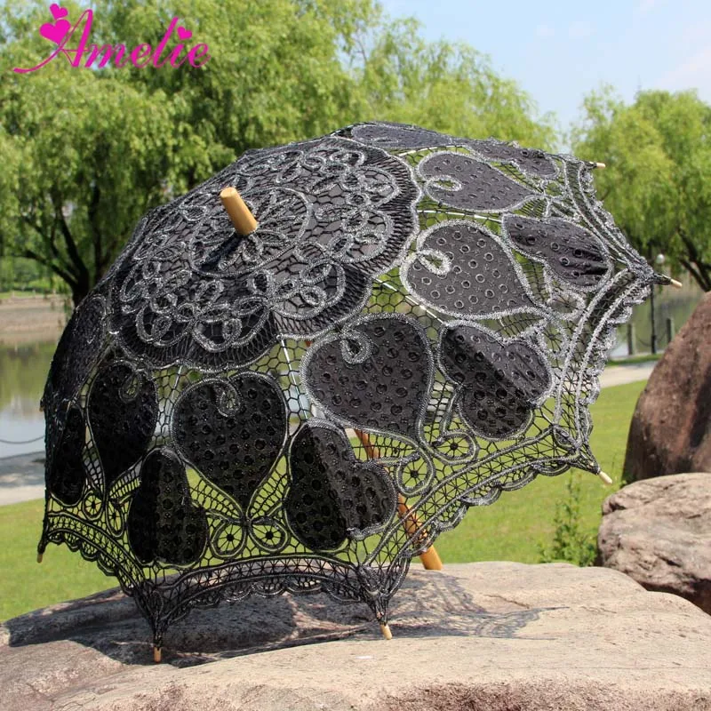 Embroidery Heart Shape Coodinates with Dramatic Studded Lace Party Shower Umbrella Lace Parasol Graduation Photo Prop Umbrella