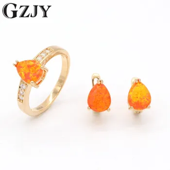 

GZJY Jewelry Charm Water drop Orange Fire Opal Zircon Gold Color Earrings Ring Set For Women Wedding Engagement Jewelry