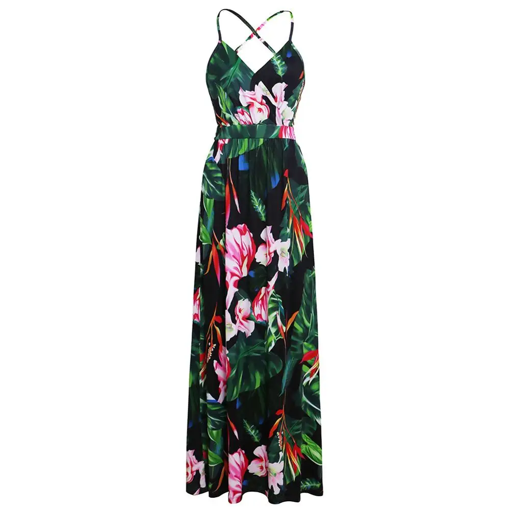 

Ladies Print Floral Long Boho Bohemian Beach Summer Dress Women Sundress Sexy V-Neck Sleeveless Strap Maxi Vintage Dress Vestido