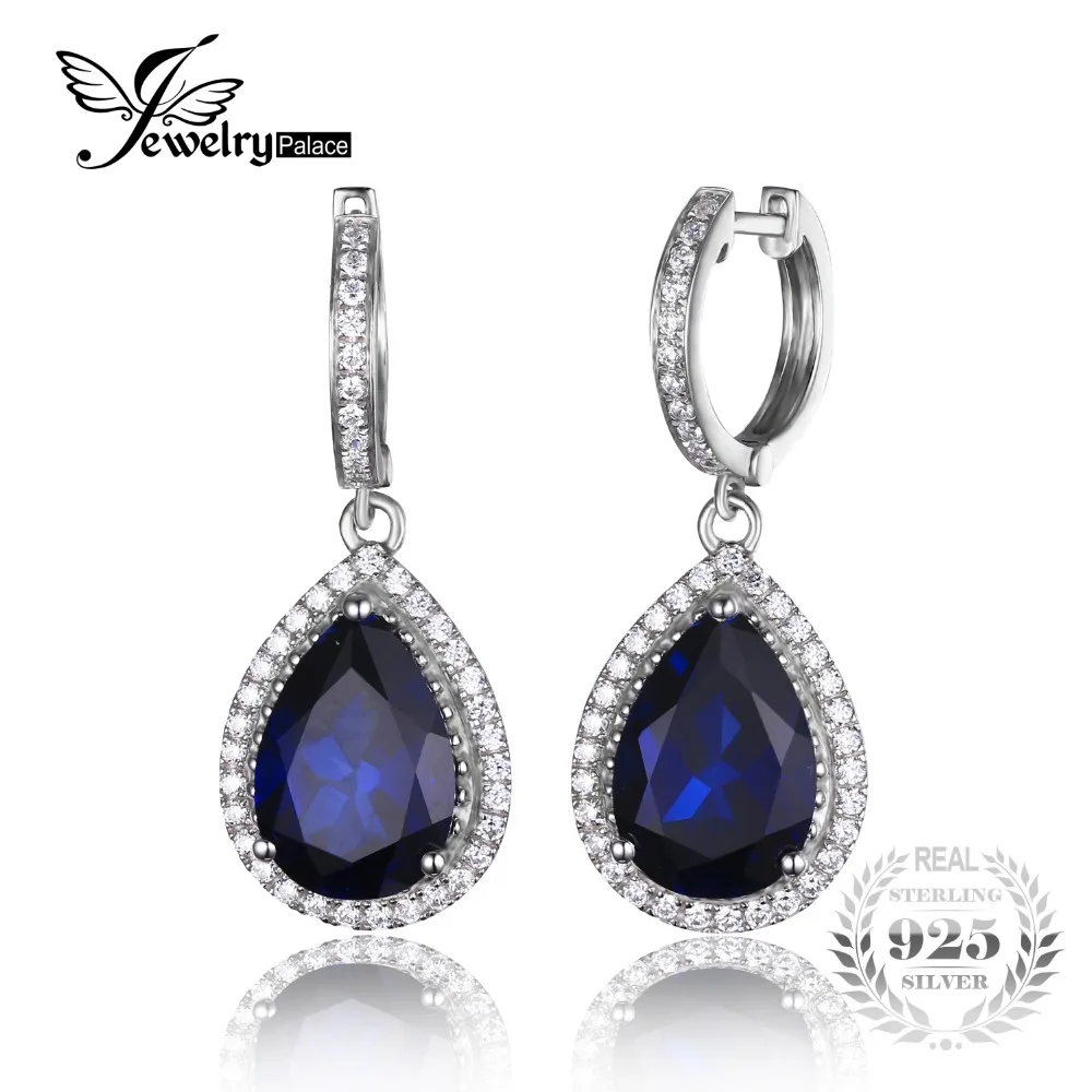 Jewelrypalace Solid 925 Sterling Silver Luxury Pear Cut 12 4ct Blue Created Sapphire Dangle Earrings Fine