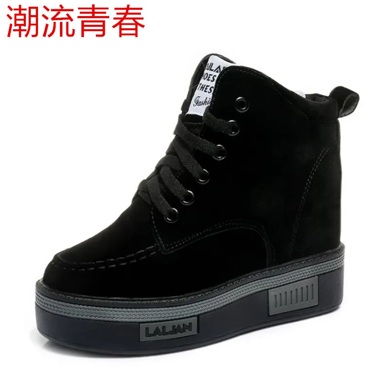 

Winter Ankle Boots Women Platform Boots Rubber Sole Black Leather Height Increasing 8 cm Shoes Woman Comfortable
