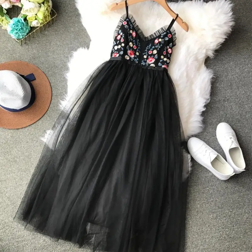 

Women's summer casual embroidery Condole belt long mesh dress female backless sexy vacation beach dress TB851