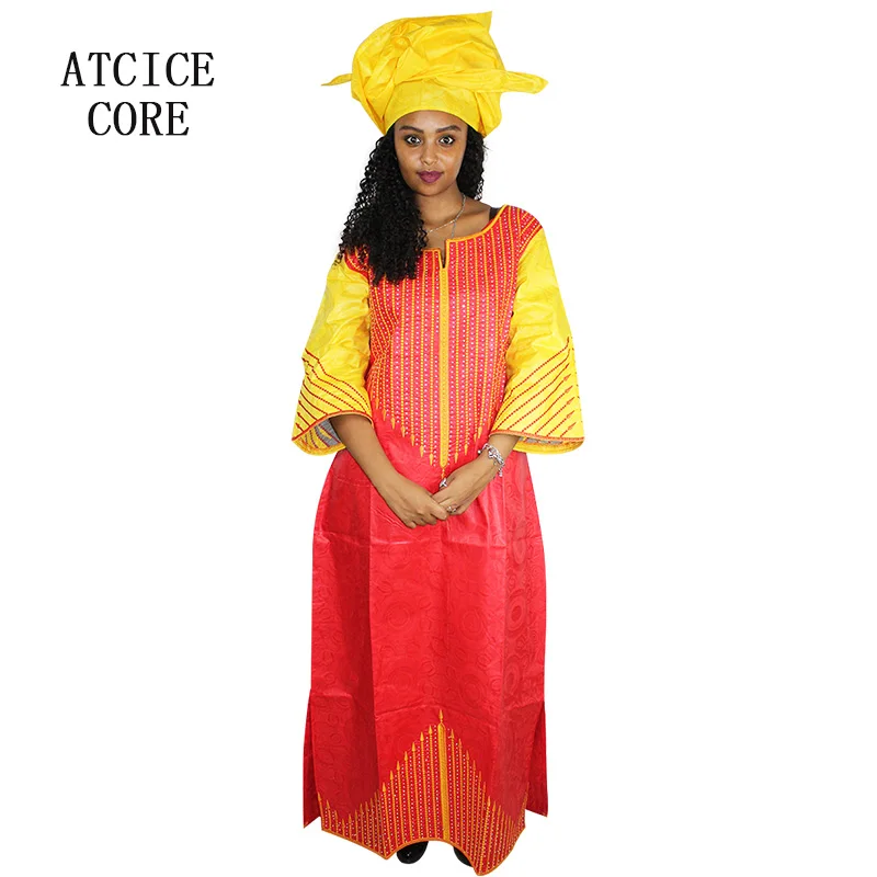 

A068# african new fashion design bazin embroidery design dresses long dress with scarf A068