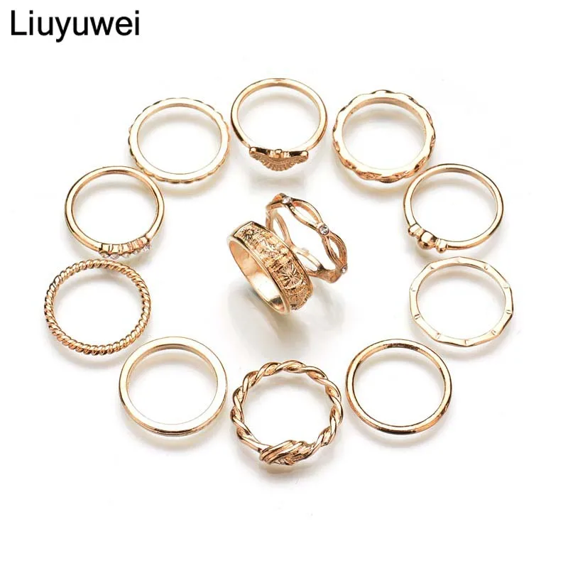 

Liuyuwei Vintage Rhinestone Midi Ring Set For Women Antique Gold Color Geometry Knuckle Rings Boho Jewelry Anillos YWLL805