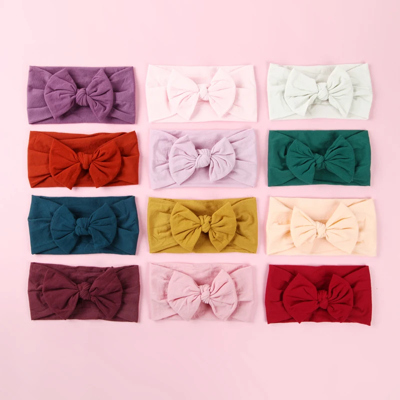 

100 pcs/lot, Wholesale knot bow nylon headbands, Wide Nylon Bow Headwraps with Pompom Trim, Round knot headbands 27 colors