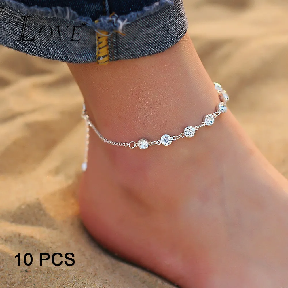 

Boho Gold Silver Color Crystal Anklets For Women Wholesale 10Pcs/set Round Ankle Bracelet On The Leg Summer Bohemian Jewelry New
