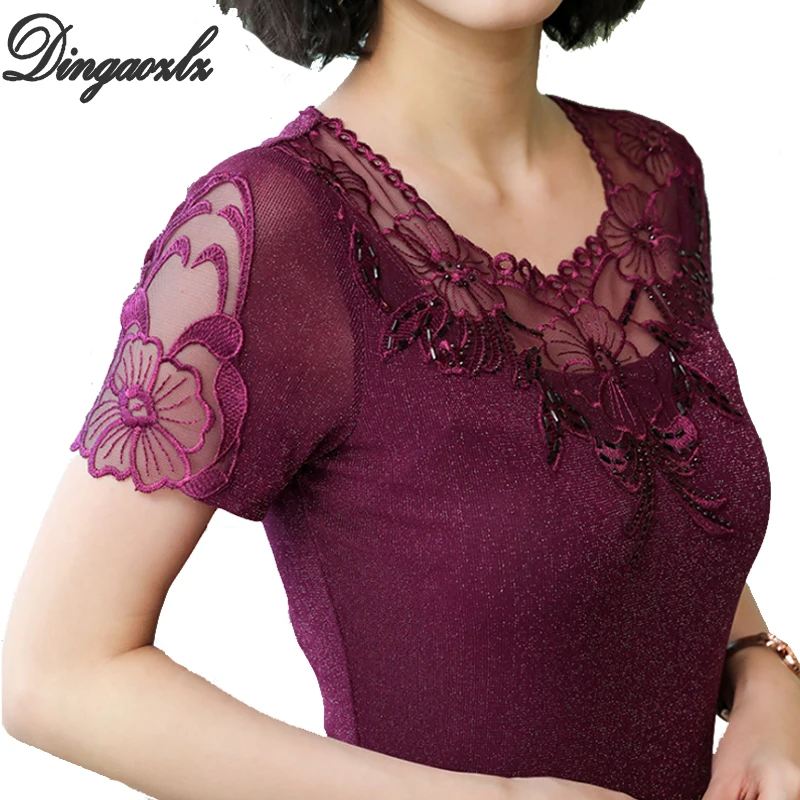 Dingaozlz модная сетчатая рубашка с коротким рукавом женские летние топы больших размеров Повседневная Кружевная блуза с вышивкой больших размеров - Цвет: purple red