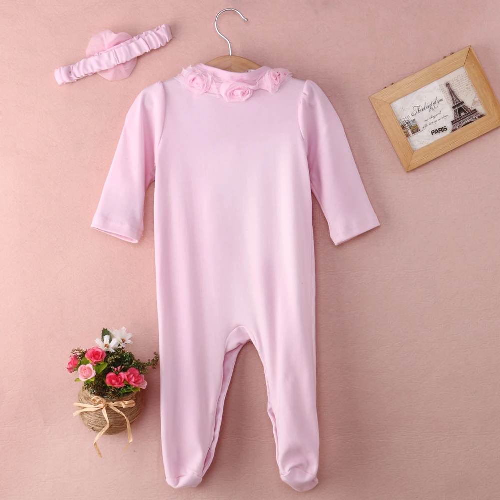 Летняя одежда для новорожденных девочек; Розовый однобортный сплошной комбинезон с длинными рукавами и цветочным рисунком; одежда с повязкой на голову
