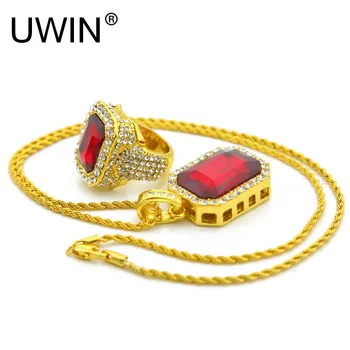 

UWIN Hip Hop Men Jewelry Set Gold Color Iced Out Rhinestone Square Crystal Rings With Red Crystal Pendant Necklace Set 2pcs