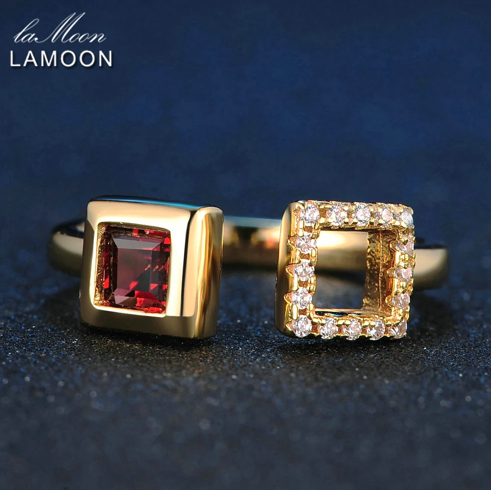 LAMOON S925 Silver Square Rings for Women 0.25ct 100% Natural Red Garnet Gemstone Ring Fine Jewelry Bijoux Wedding Band RI020