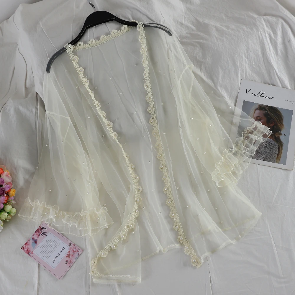 

2019 Summer Transparent Mesh Cardigans Women Flare Sleeve Tulle Tops Lady Bead Work Thin Mesh Blouses Pearl Mesh Shirts