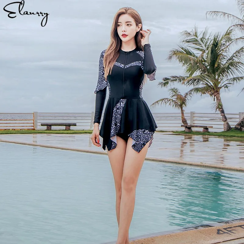 2019 3 قطع ملابس السباحة طويلة الأكمام طقم سباحة حريمي الرجعية ملابس السباحة السباحة تنورة تصفح السيدات الشاطئ Rashguards