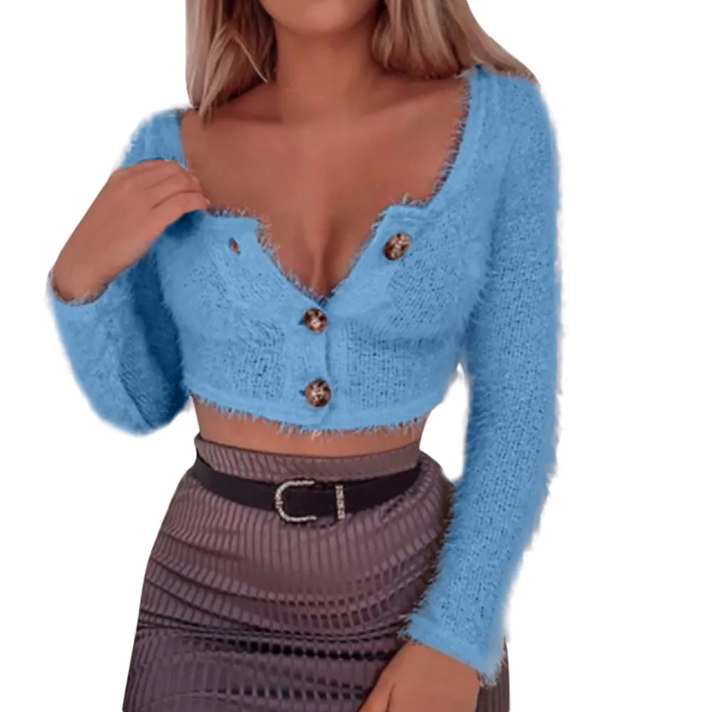 Одежда Женская мода Длинный рукав кнопка глубокий v-образный вырез сексуальный женский свитер жакет вечерние свитер большой размер