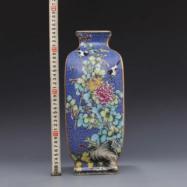 Qing Dynasty Qianlong год марка эмаль цветок и птица площадь большая ваза античный фарфор древняя фарфоровая коллекция