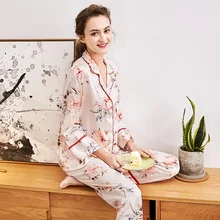 Роскошная весенняя одежда для отдыха синяя пижама с принтом женское атласное шелковое ночное белье комплект из 2 предметов с длинными рукавами женская ночная рубашка женская пижама