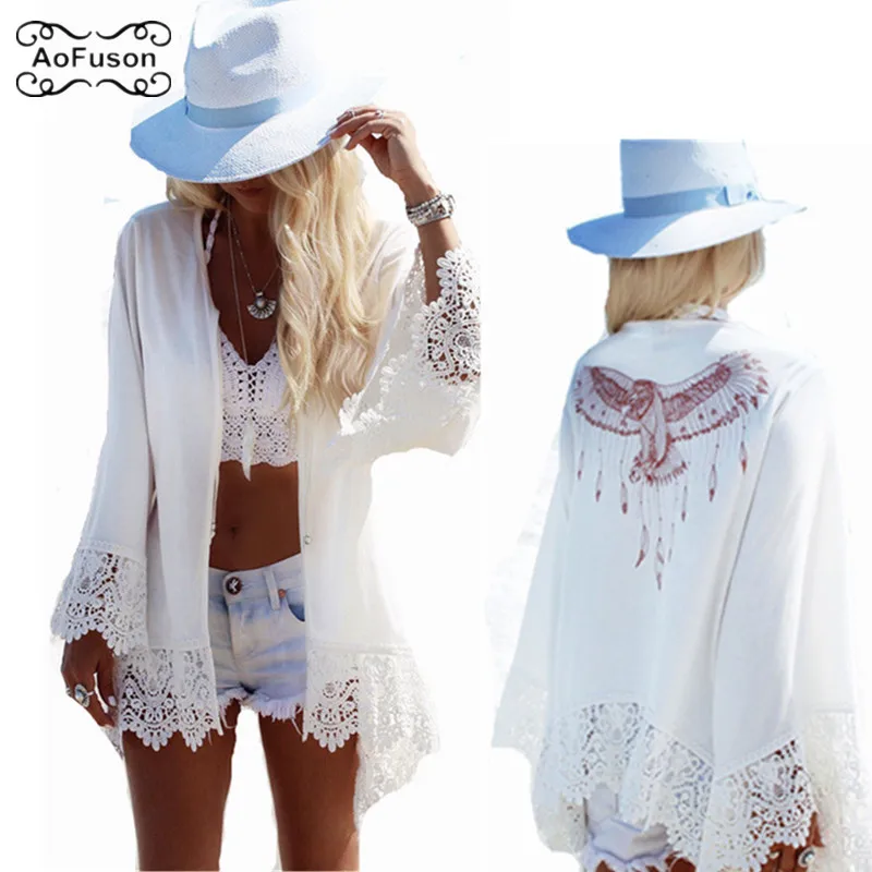 

Beach Swim Chiffon Cover Up Skirt Blouse Bikini Top Loose White Lace Cardigan Short Beach Dress Tunic Pareo Saida De Praia