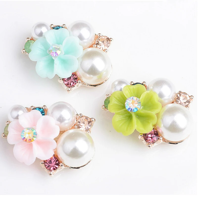 

5pcs/lot 22*17MM Metal Pearl Resin Buttons Alloy Rhinestone Flower Button for Wedding Decorative Child Hair Craft Accessories