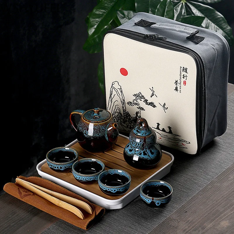  A set of creative simple portable tea tray travel tea set kiln Chinese Kung Fu tea set tea can be p