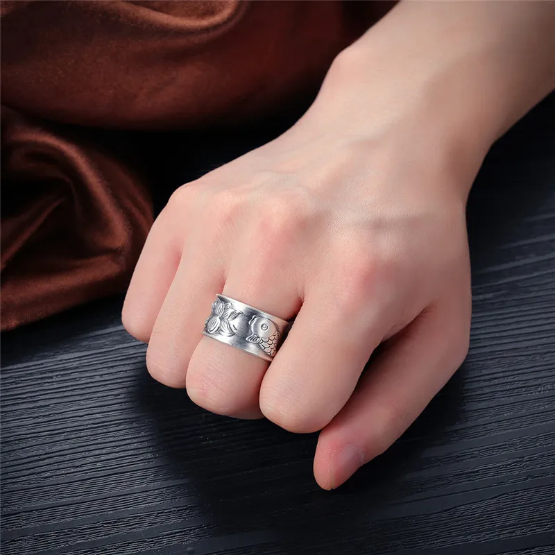 Ceny V. YA Thai Silver fish Lotus pierścienie kwiatowe dla kobiet mężczyzn oryginalny 990 Sterling Silver biżuteria regulowany rozmiar