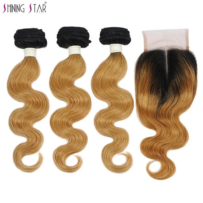 

Shiningstar Honey Blonde Human Hair 3 Ombre Bundles With Closure Indian Hair Colored 1B 27 Body Wave Bundle With Closure Nonremy