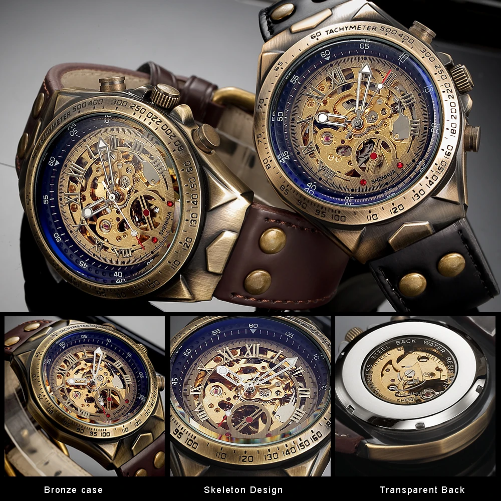 Steampunk من البرونز التلقائي ووتش الرجال ساعات آلية خمر الرجعية جلد شفافة الهيكل العظمي ووتش ساعة رجل دروبشيبينغ