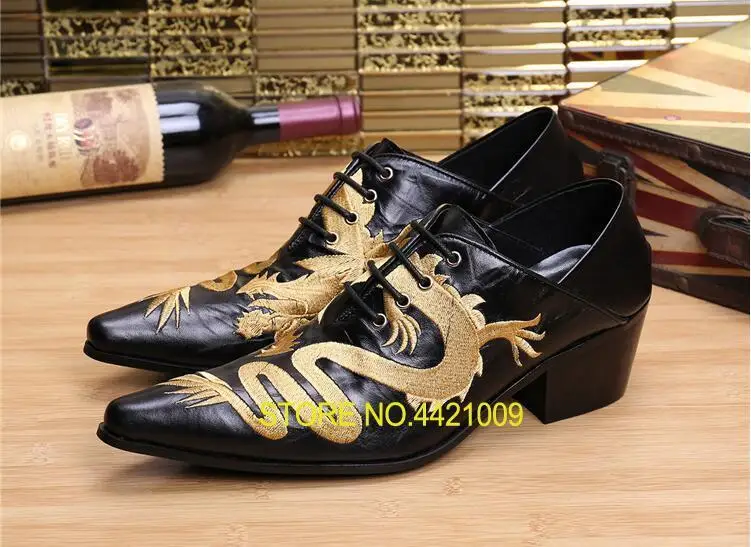 

Lace-Up High Heeled Men's Genuine Leather Dress Shoes Pointed-Toe Slip-On Height Increasing Shoes Embroidery Smart Casual Shoes