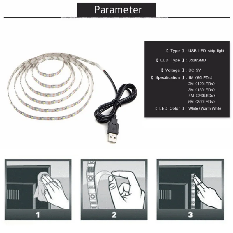 1 м, 2 м, 3 м, 4 м, 5 м, 5 В, USB кабель питания, светодиодный светильник SMD3528, Рождественская настольная декоративная лампа, лента для телевизора, фоновый светильник ing