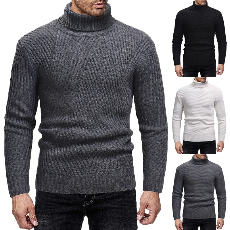 2019 модные Для мужчин свитер, водолазка с длинным рукавом полосатый вязаный Повседневный пуловер с высоким воротом облегающий пуловер