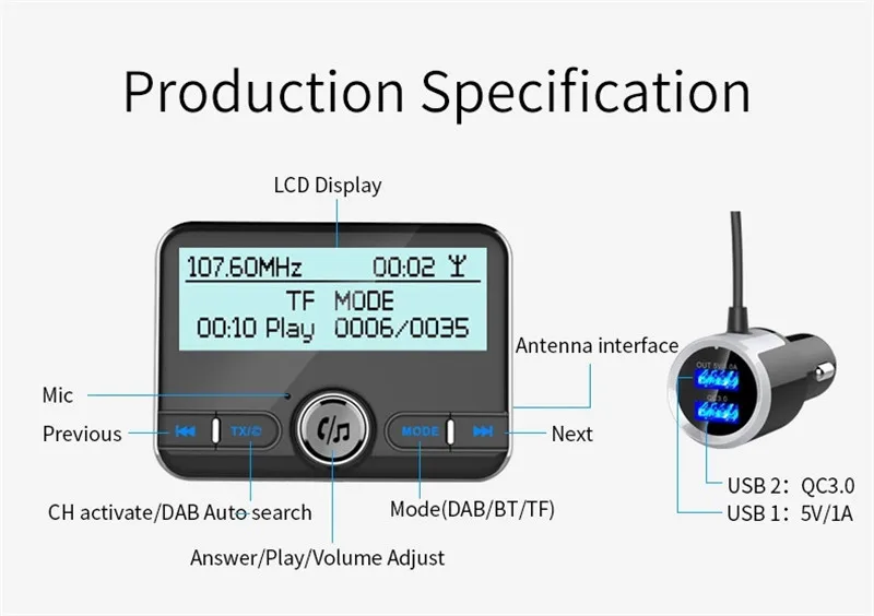Автомобильный DAB радио Hands-free Bluetooth автомобильный комплект fm-передатчик QC 3,0 Быстрая Зарядка адаптер стерео аудио музыкальный плеер