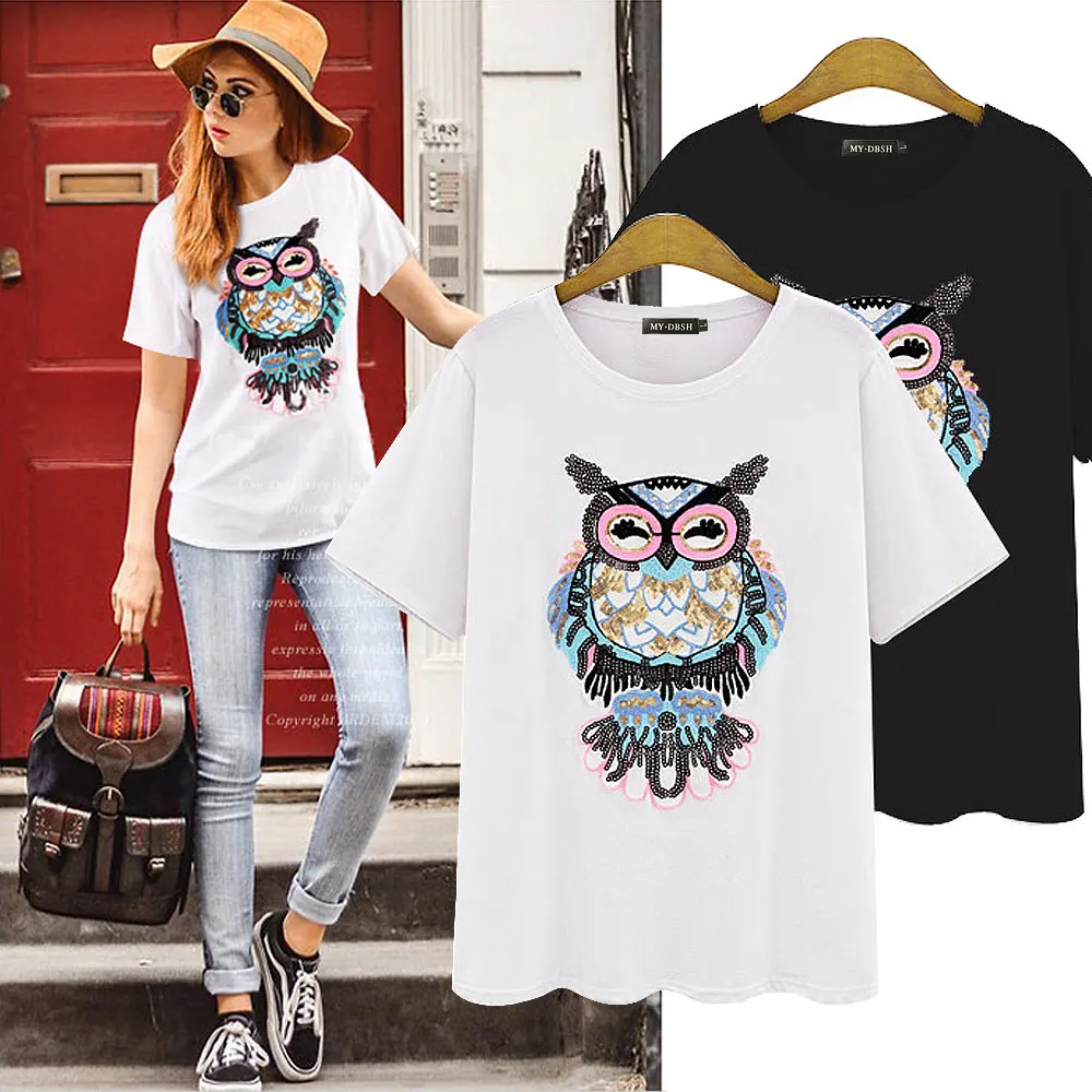 2018 Summer T Shirt Women Owl Hand-Beaded Sequins Dimensional Pattern Camisetas Mujer Plus Size S-4XL T-Shirt Women Cotton Tees