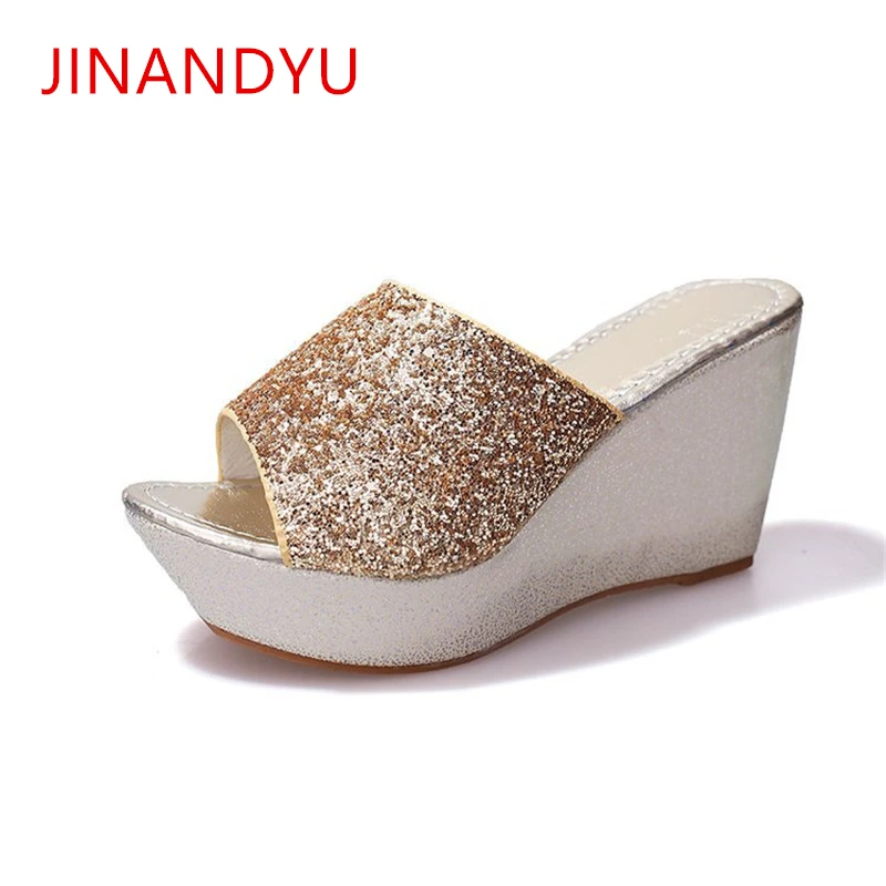 

2019 Summer Bottom Platform Women Shoes Beach Sandals Flowers Slope With Heavy-Bottomed Perspiration Breathable Shiny Slippers