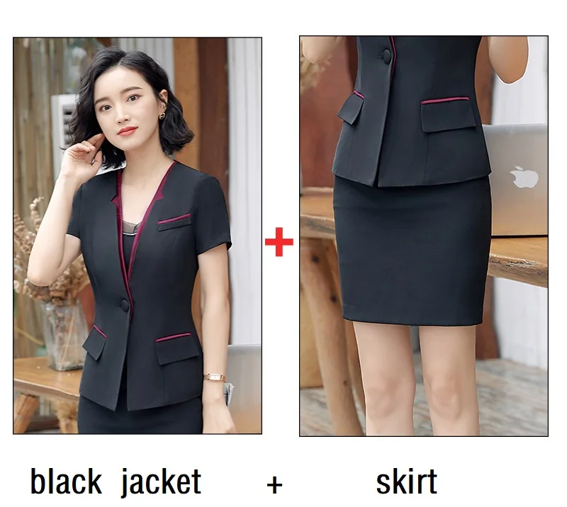 ACRMRAC женский костюм летний сплошной цвет сплайсинга тонкая куртка с коротким рукавом юбка деловой OL деловой костюм с юбкой - Цвет: black  jacket skirt