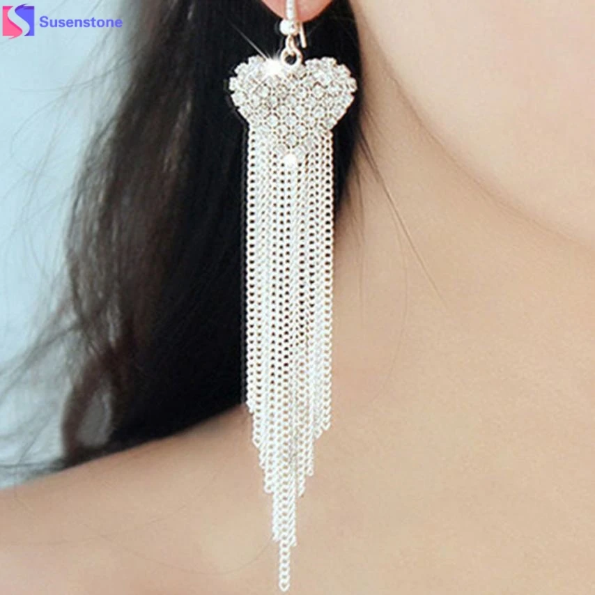 

SUSENSTONE Women Love Heart Party Long Tassels Earring Rhinestone Crystal Dangle Linear Bohemian Drop Earrings For Women #6-7