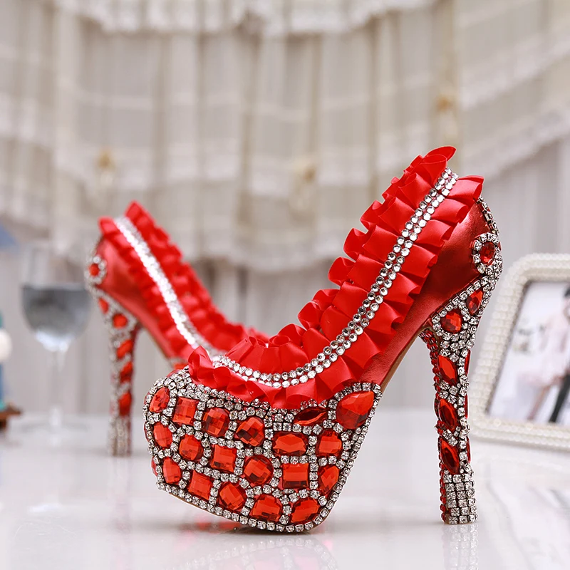 

Red Lace Rhinestone Wedding Shoes Bridal Luxury Crystal Pumps Party Dress High Heel Shoes Handmade Platform Shoes Plus Size 43