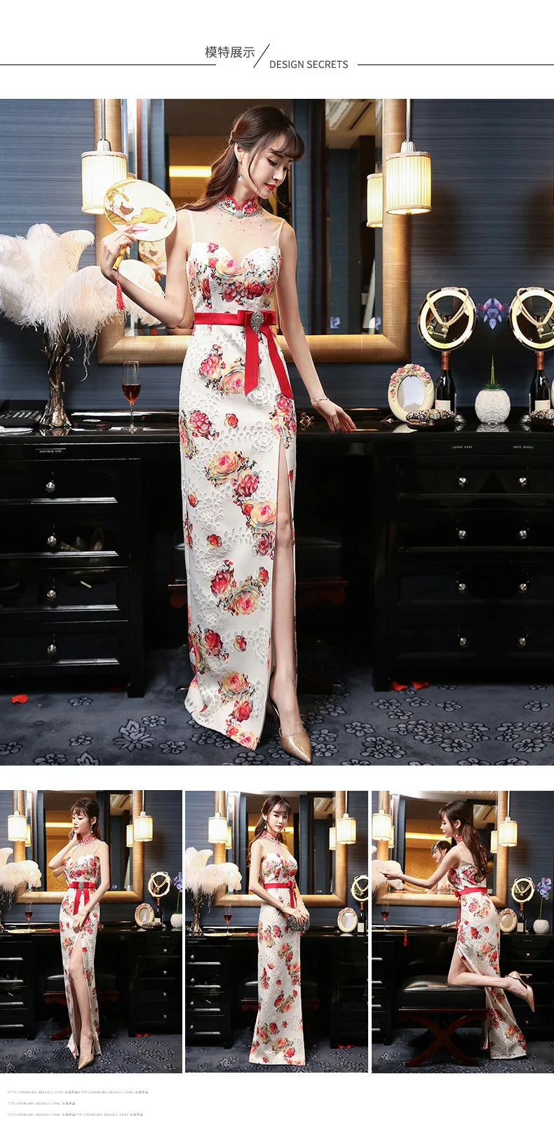 Chinese Wedding Gowns Red Flower Qipao Sexy Open Fork Long Embroidery Cheongsam Oriental Evening Dresses Vestido De Noiva