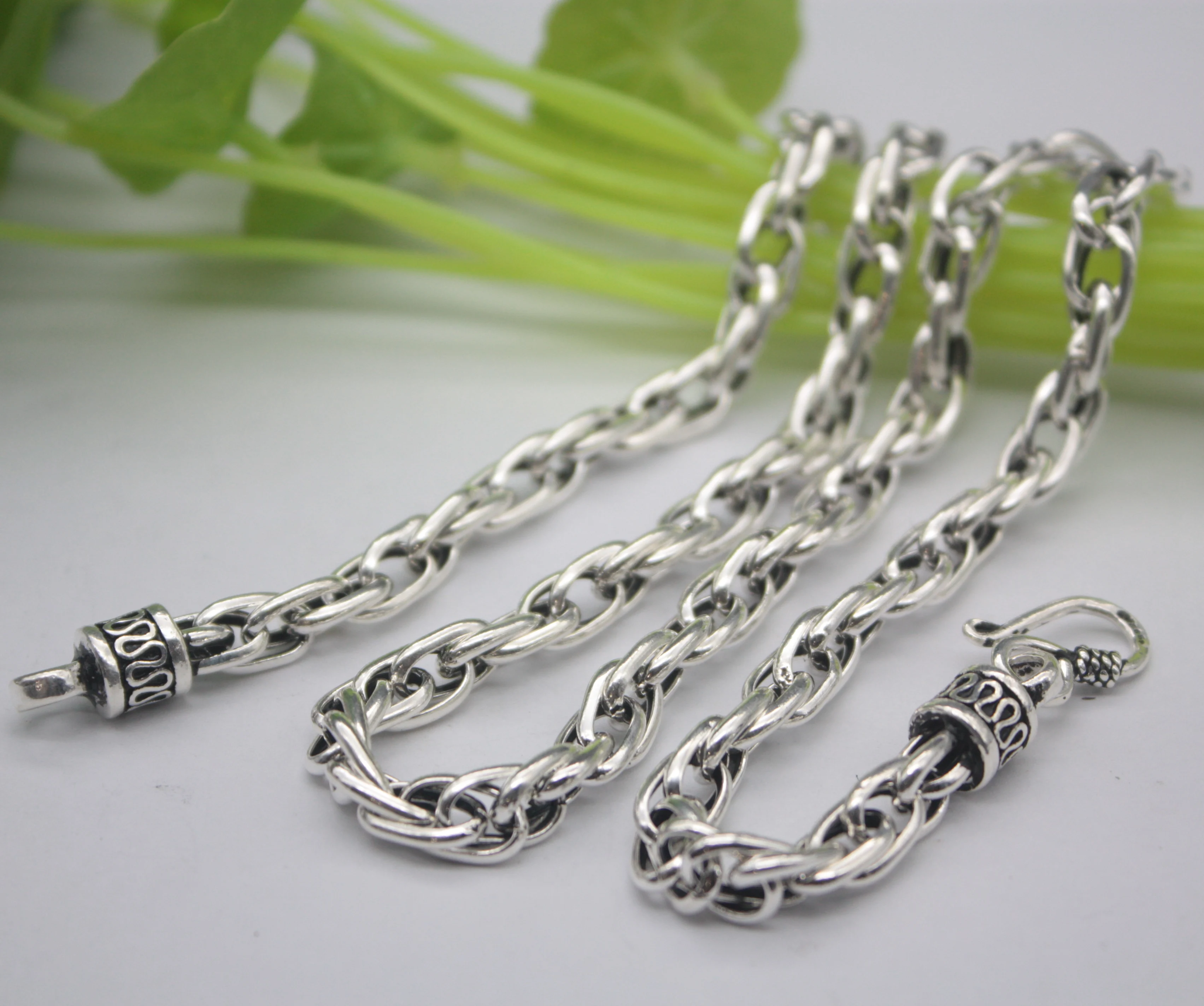 Retro Pure S925 Silver Fit Men Necklace Double Loop 6.5mm Link Chain