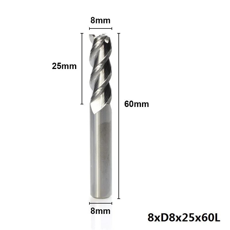1 шт. 1-12 мм 3 флейты ЧПУ фрезерный станок бит Вольфрам Caibide спиральные концевые фрезы алюминиевые режущие концевые фрезы CNC - Длина режущей кромки: 8XD8X25X60L