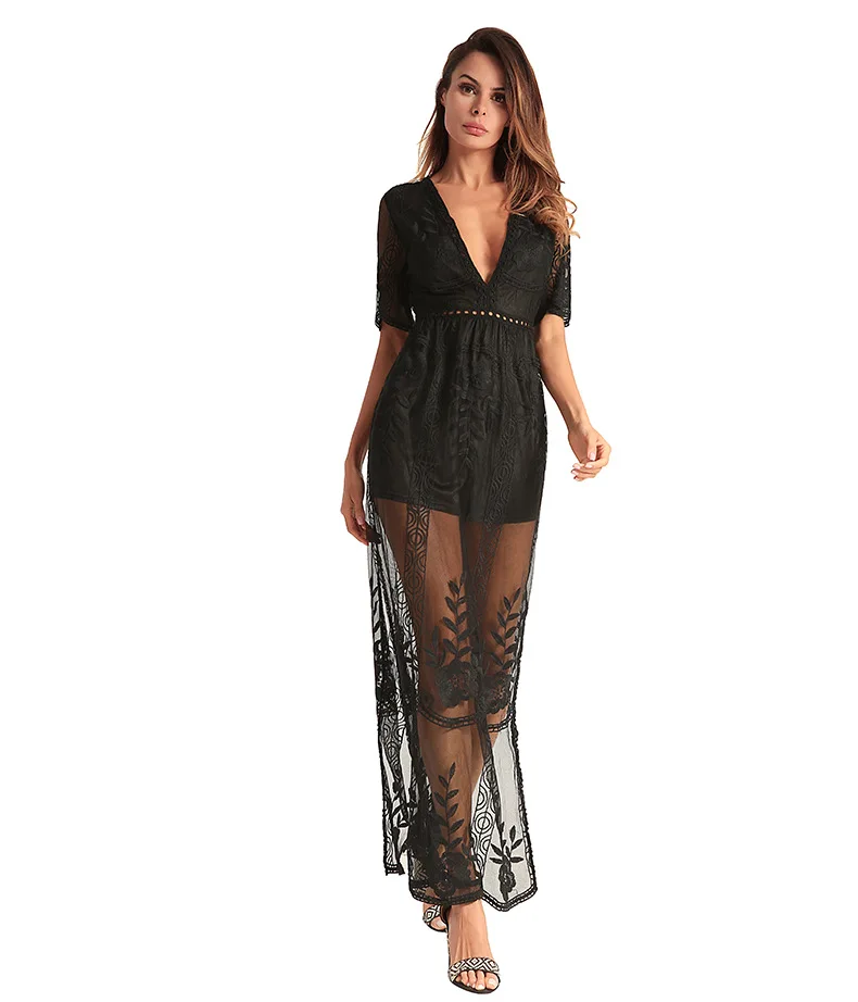 

Maxi Dress Plus Size Vestidos Mujer Regular Summer Loose V-neck Ankle-length Real 2019 New Style Women Sexy Lace Openwork Dress