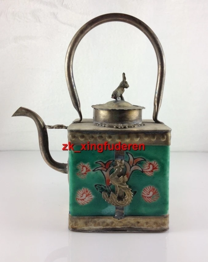 

Chinese Rare Tibetan silver dragon carving porcelain portable square Tea pot Garden Decoration 100% real Tibetan Silver Brass