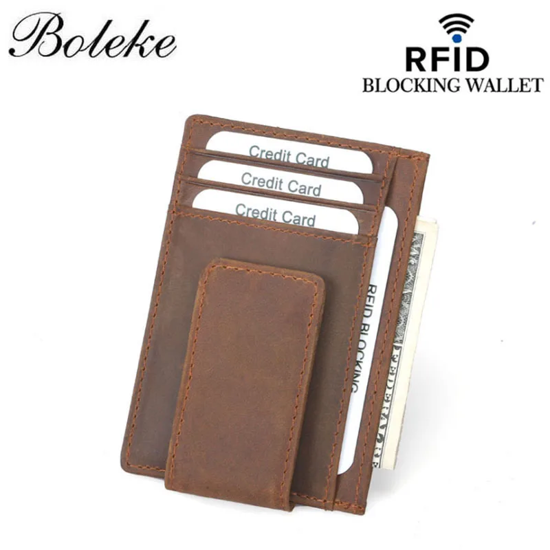 

Men RFID Slim Wallet Genuine Leather Credit Card Holder RFID Blocking Magnetuc Clamp Wallet Magnetic Small Clip for Man
