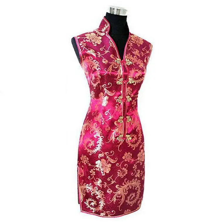 

Burgundy Traditional Chinese Lady Dress Mujeres Vestido Female Satin V-Neck Mini Cheongsam Qipao Size S M L XL XXL XXXL JY012-7