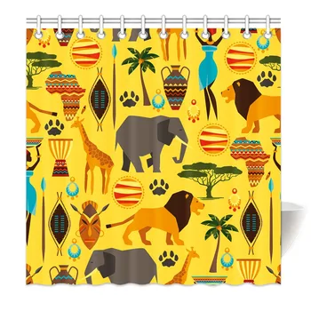 

HommomH Shower Curtain Weights Resistant Waterproof Fabric With Hooks Bathroom African Animal Elephant Lion Yellow