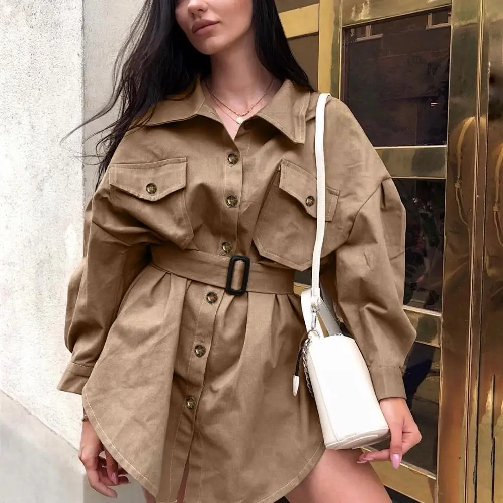 

2019 Spring Solid Single-breasted Khaki Mini Dress Women High Street Oversized Casual Sashes Dress Ladies A-Line Dress cwd0420-5