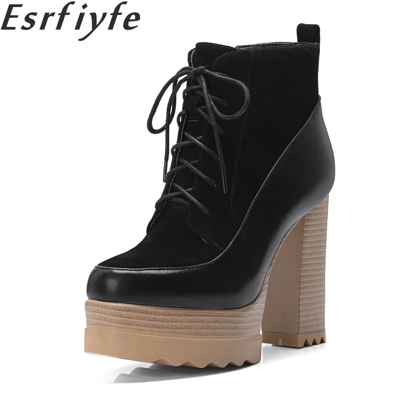 Bottes gris Esrfiyfe Éclair Microfibre Épais Plate forme Cheville La Chaussures Laçage À Apricot Femmes Fermeture Designers Nouvelle Talons 2018 De noir Marque Automne Hiver Haute Tlc3FK1J