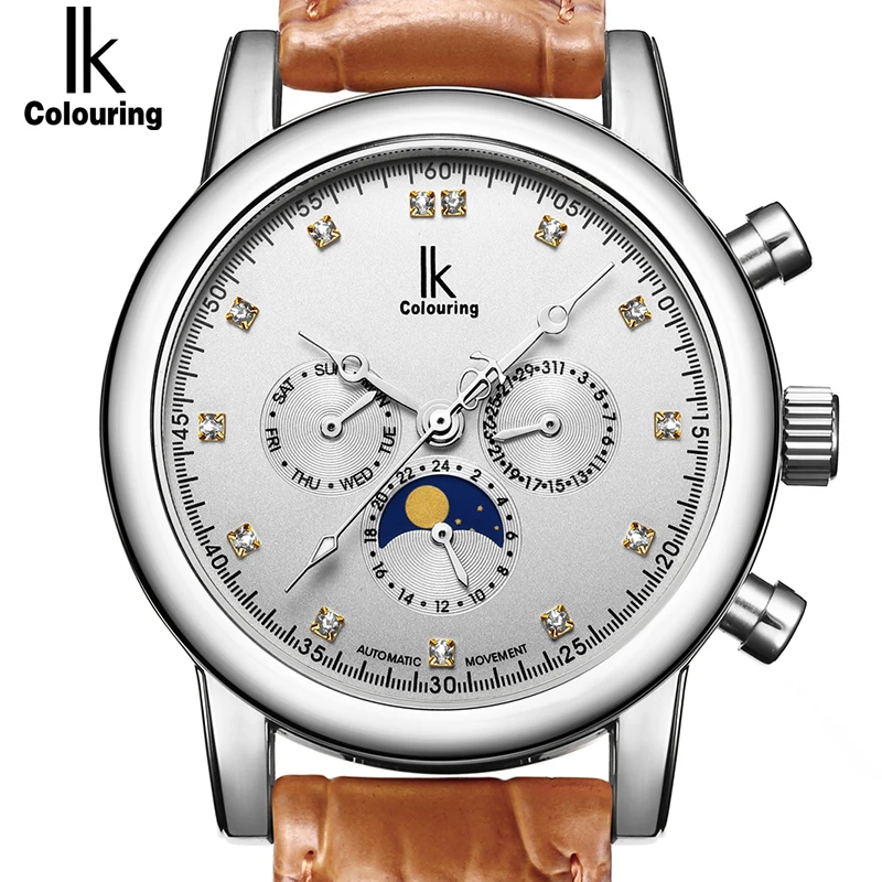 

IK Moon Phase 6 Hands 24 Hours Function Automatic Mechanical Watch Genuine leather Strap Business Wristwatch Relogio Masculino