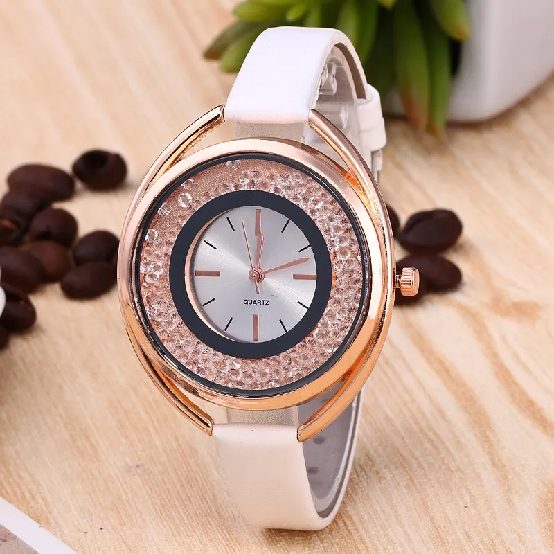 Fashion Crystal Ball Oval Shell Women Watches Thin Small Leather Ladies