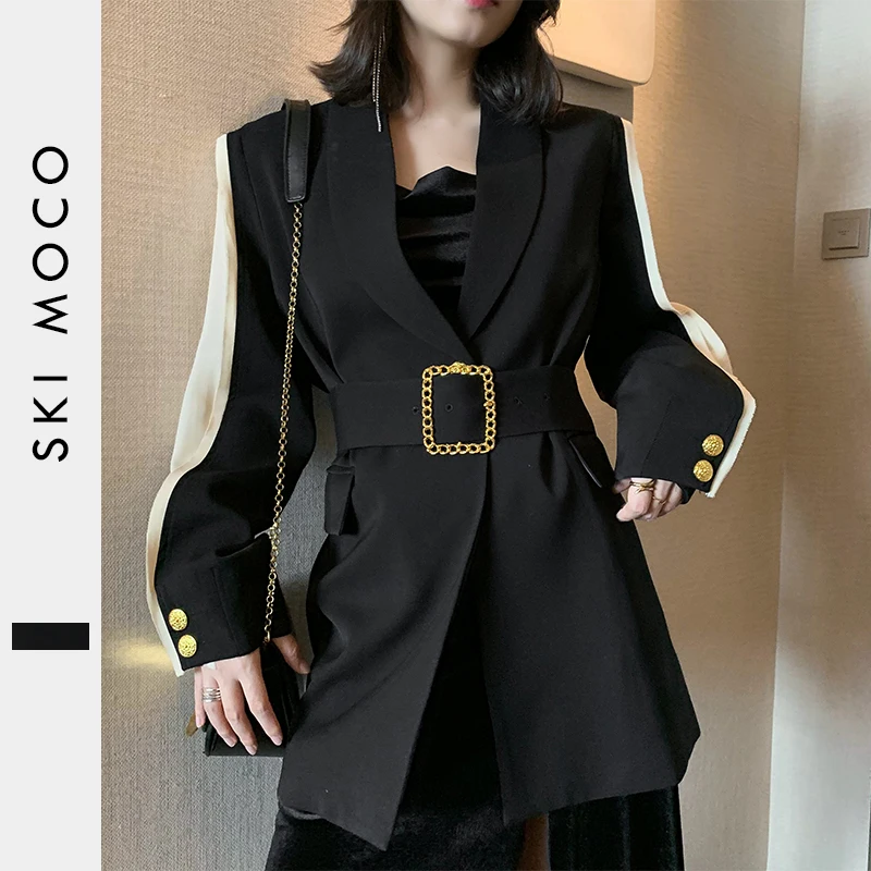 Runway Designer Trendy Chic Womens Blazer Belted Black Patchwork Metal Gold Button Fashion OL Ladies Jacket Coat Outwear